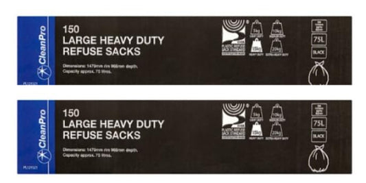 CleanPro Large Heavy Duty Refuse Sacks, Black, 75L Capacity, 1470mm x 960mm Depth, Pack of 150 - (Pack of 2)