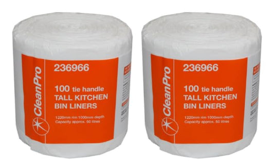 CleanPro Tall Kitchen Bin Liners with Tie Handles, 50 Litre Capacity, 1220mm Rim, Pack of 100, White