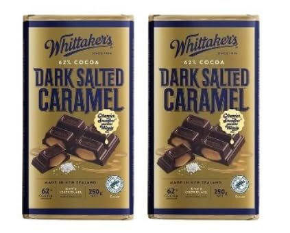 Whittaker's Dark Salted Caramel Chocolate Block, 62% Cocoa, 250g, Pack of 2