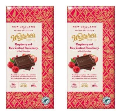 Whittaker's Raspberry and New Zealand Strawberry in Dark Chocolate, 50% Cocoa, 100g, Pack of 2