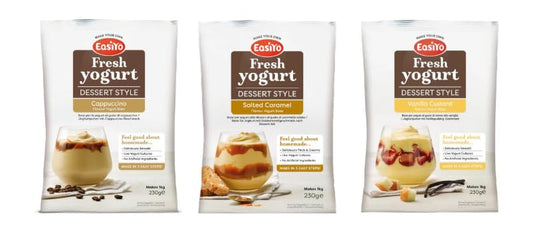 EasiYo Fresh Yogurt Dessert Style, Cappuccino, Salted Caramel & Vanilla Custard