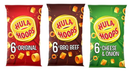 Hula Hoops Crisps Multipack, Original, BBQ Beef & Cheese and Onion Flavours.