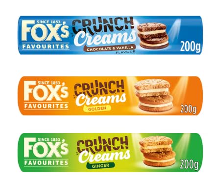 Fox's Crunch Creams Biscuits, Chocolate & Vanilla, Golden, and Ginger Flavours, 200g