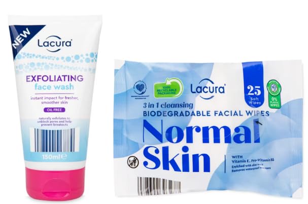 Lacura Exfoliating Face Wash 150ml & 3 in 1 Cleansing Biodegradable Facial Wipes for Normal Skin, 25 Wipes