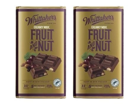 Whittaker's Fruit and Nut Creamy Milk Chocolate Bar, 33% Cocoa, 250g, Pack of 2