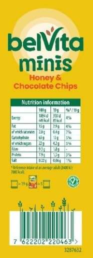 Belvita Minis, Honey & Chocolate Chips, 5 Snack Bags, 95 g (Pack of 1)