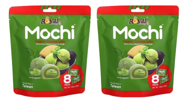 Royal Family Mochi Creamy Matcha Latte, Sweet Rice Dough, 8 Pieces, 100g, Pack of 2