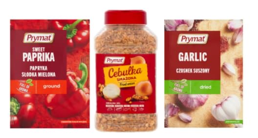 Prymat Sweet Paprika Ground, Fried Onion, and Dried Garlic Spice Set.