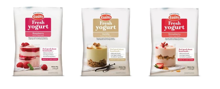 EasiYo Fresh Yogurt Base, Raspberry, Vanilla & Strawberry Flavours