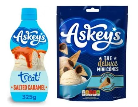 Askey's Salted Caramel Treat Sauce and Deluxe Mini Cones Bundle, Milk Chocolate