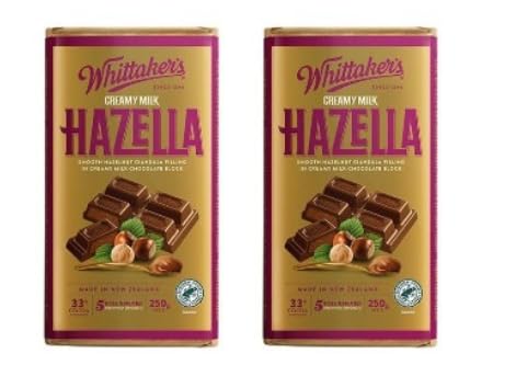 Whittaker's Hazella Creamy Milk Chocolate Block, Smooth Hazelnut Gianduja Filling, 250g, Pack of 2