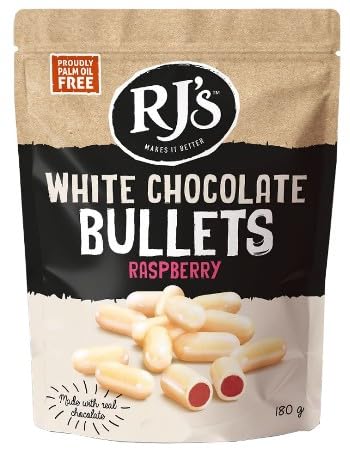RJ's White Chocolate Bullets, Raspberry Flavour, Palm Oil Free, 180g