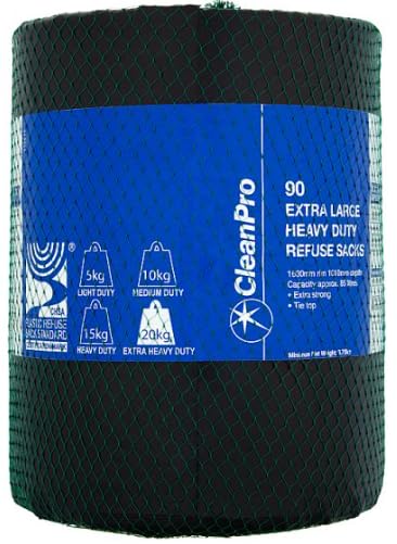 CleanPro Extra Large Heavy Duty Refuse Sacks, Green, Tie Top, 90 Pack