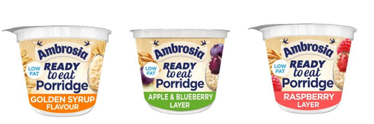 Ambrosia Ready to Eat Porridge, Low Fat, Variety Pack with Golden Syrup, Apple & Blueberry, Raspberry Flavours