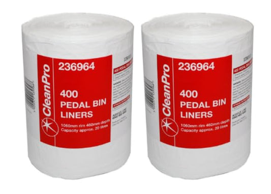CleanPro Pedal Bin Liners, White, 20 Litre Capacity, 1060mm Rim, 460mm Depth, Pack of 400 - (Pack of 2)