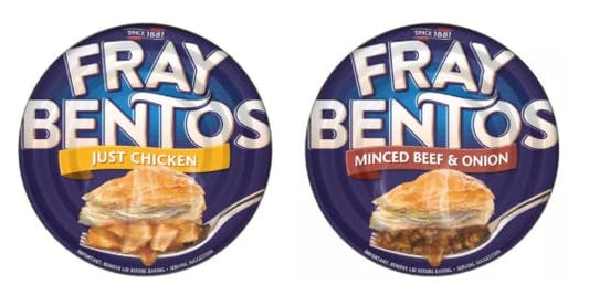 Fray Bentos Canned Pies, Just Chicken and Minced Beef & Onion Varieties.