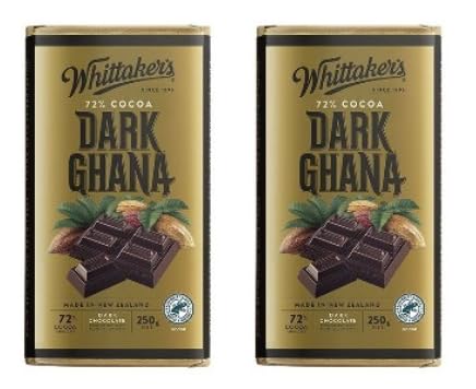 Whittaker's Dark Ghana Chocolate Bar, 72% Cocoa, Dark Chocolate, 250g, Pack of 2