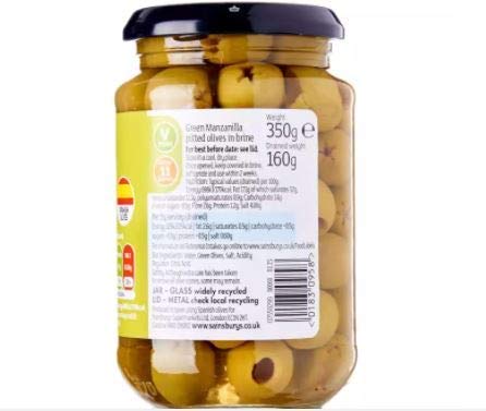 Sainsbury's Pitted Green Olives 350g - Green Manzanilla pitted olives in brine.