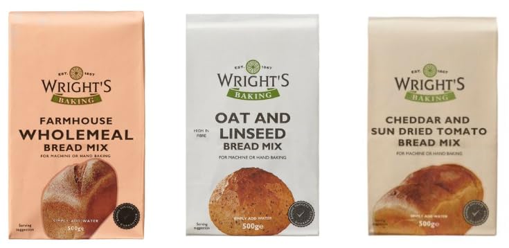 Wright's Baking Bread Mix Variety, Farmhouse Wholemeal, Oat and Linseed, Cheddar and Sun Dried Tomato, 500g