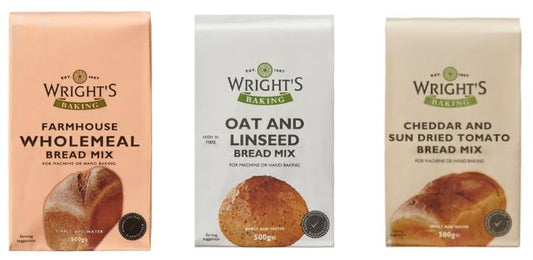 Wright's Baking Bread Mix Variety, Farmhouse Wholemeal, Oat and Linseed, Cheddar and Sun Dried Tomato, 500g