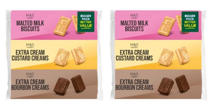 M&S Food Biscuit Variety Pack, Malted Milk, Extra Cream Custard Creams and Bourbon Creams, Bigger Pack