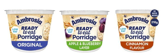 Ambrosia Ready to Eat Porridge, Low Fat, 3 Flavours (Original, Apple & Blueberry Layer, Cinnamon), 210g