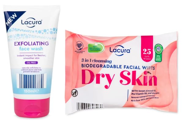 Lacura Exfoliating Face Wash and 3 in 1 Cleansing Biodegradable Facial Wipes for Dry Skin, 25 Wipes, Oil Free