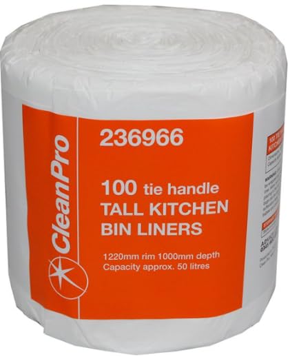CleanPro Tall Kitchen Bin Liners with Tie Handles, 50 Litre Capacity, 100 Pack