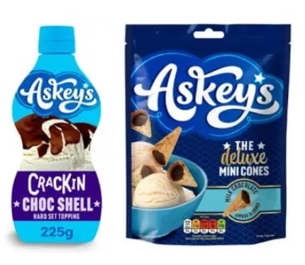 Askey's Crackin Choc Shell Hard Set Topping 225g with Deluxe Milk Chocolate Mini Cones, Bundle