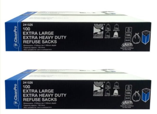 CleanPro Extra Large Extra Heavy Duty Refuse Sacks, Black, 130L, Pack of 100 - (Pack of 2)