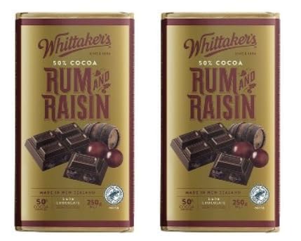 Whittaker's Rum and Raisin Dark Chocolate, 50% Cocoa, Made in New Zealand, 250g, Pack of 2