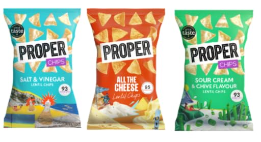 PROPER Lentil Chips Variety Pack, Salt & Vinegar, All the Cheese, Sour Cream & Chive Flavours