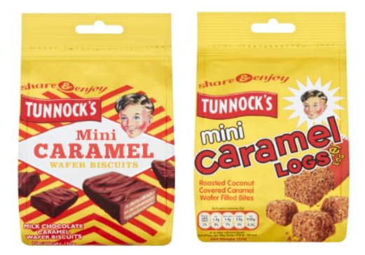 Tunnock's Mini Caramel Wafer Biscuits and Mini Caramel Logs, Milk Chocolate, Roasted Coconut Covered
