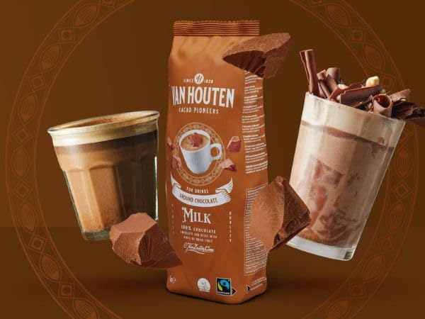 Van Houten Milk Ground Chocolate For Drinks 1 x 1kg. 100% Chocolate, Chocolaty and Milky with Hints of Dried Fruit. Serve hot or cold.