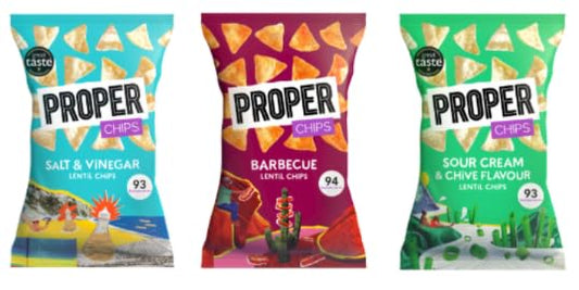 PROPER Chips Lentil Chips, Salt & Vinegar, Barbecue, and Sour Cream & Chive Flavour, Variety Pack