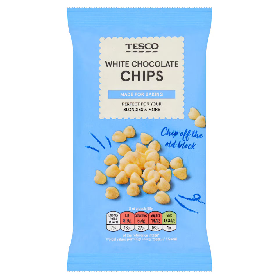 Tesco White Chocolate Chips, 100g