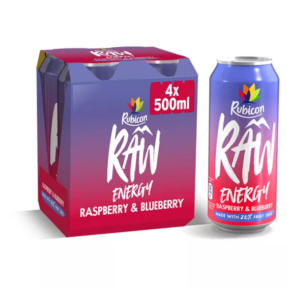 Rubicon Raw Raspberry & Blueberry Energy Drink 4 x 500ml