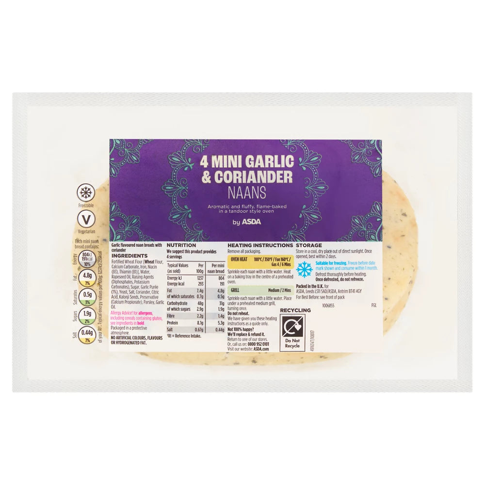 ASDA 4 Mini Garlic & Coriander Naans