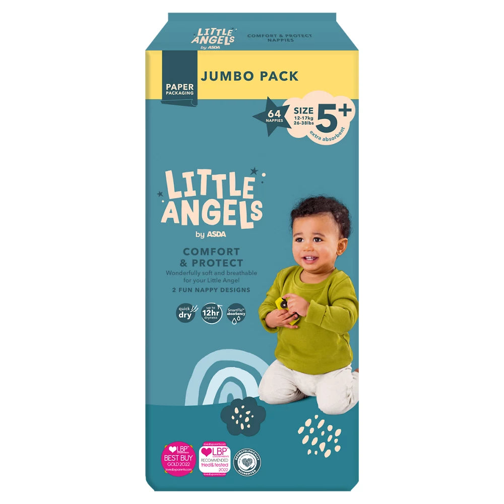 LITTLE ANGELS by ASDA Comfort & Protect Size 5+, 12-17kg (26-38lbs) 64 Nappies