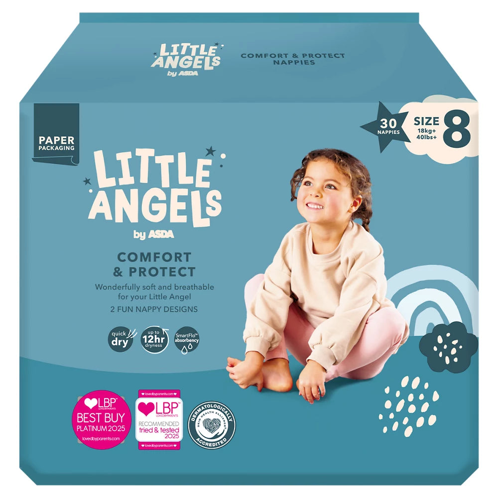 ASDA Little Angels by Comfort & Protect Size 8, 18kg(+ 40lbs+), 30 Nappies