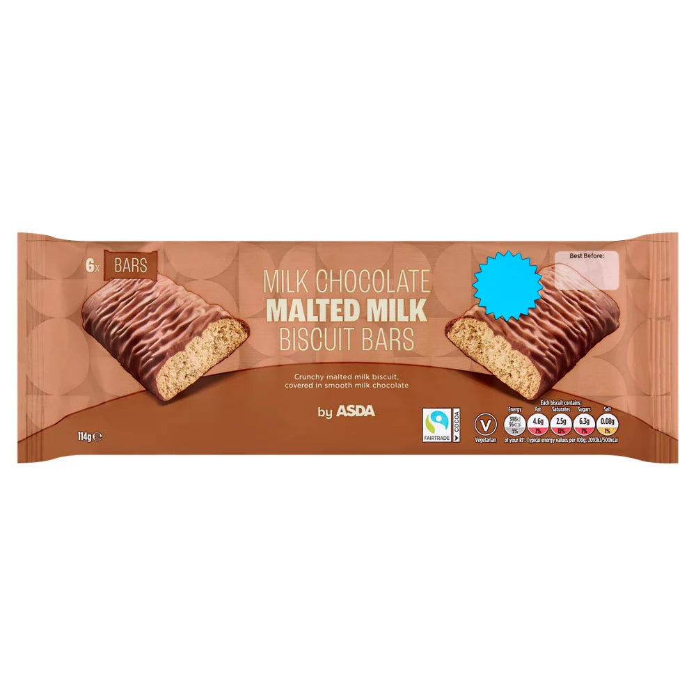 ASDA 6 Milk Chocolate Malted Milk Biscuit Bars 114g