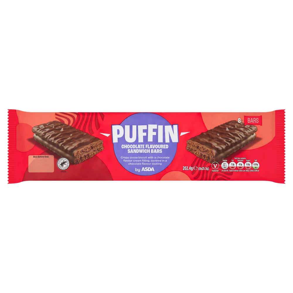 ASDA Puffin Chocolate Flavoured Sandwich Bars 202.4g (8 x 25.3g)