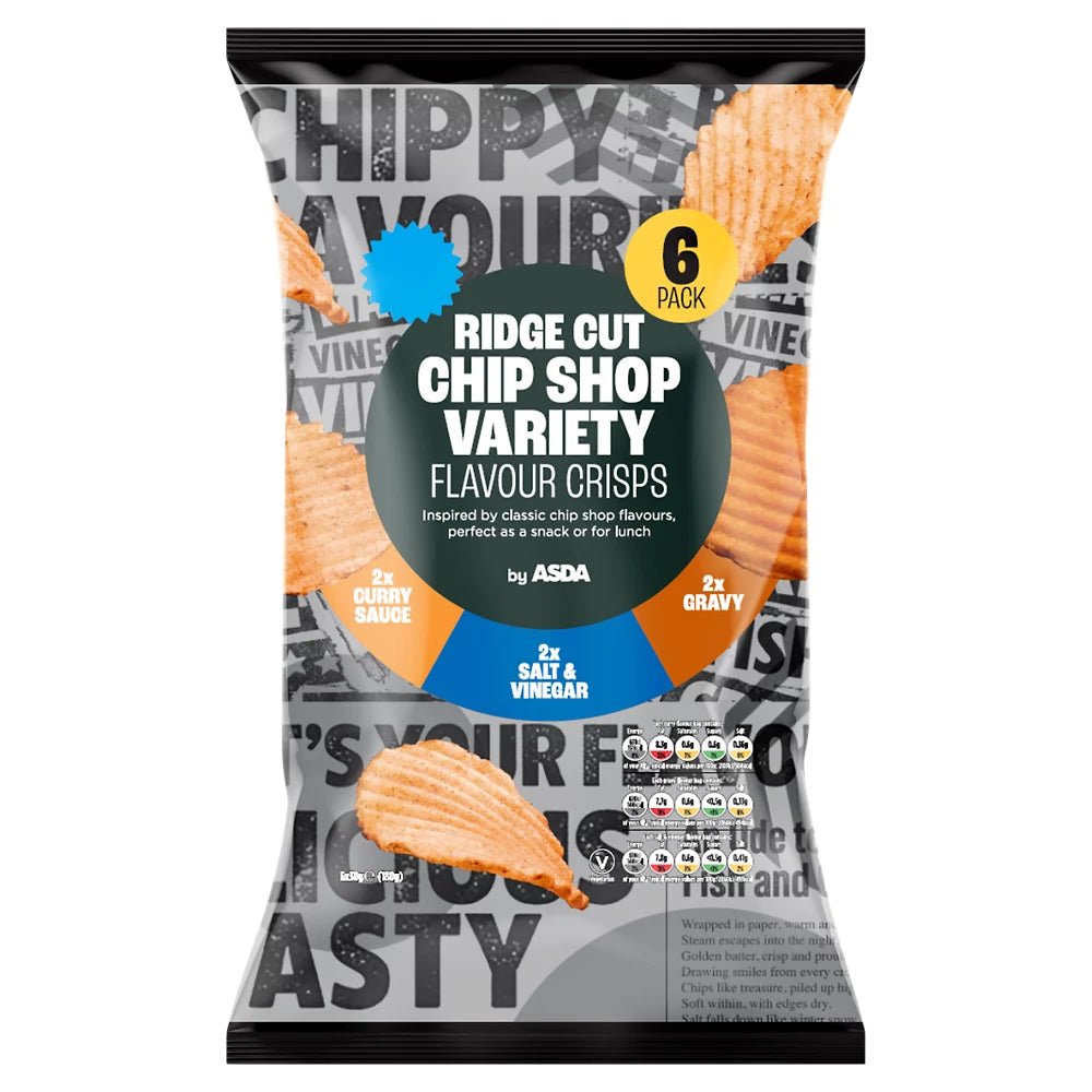 ASDA Ridge Cut Chip Shop Variety Flavour Crisps 6 x 30g (180g)
