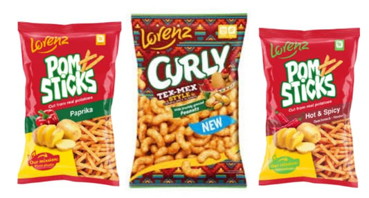 Lorenz Snack Variety Pack, Pom Sticks Paprika, Pom Sticks Hot & Spicy, Curly Tex-Mex Style Peanuts