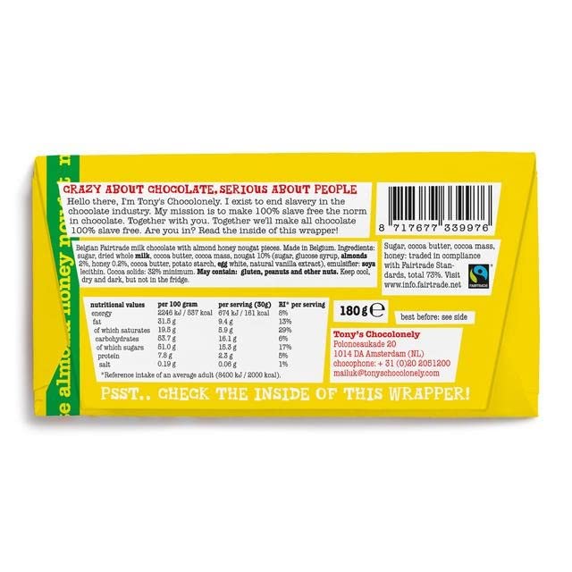 Tony's Chocolonely Fair Trade Milk Chocolate Bar with Almond, Honey and Nougat 180g