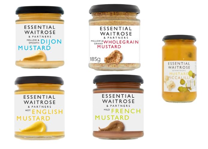 Essential Waitrose & Partners Mustard Variety, Dijon, Wholegrain, English, French, and Piccalilli