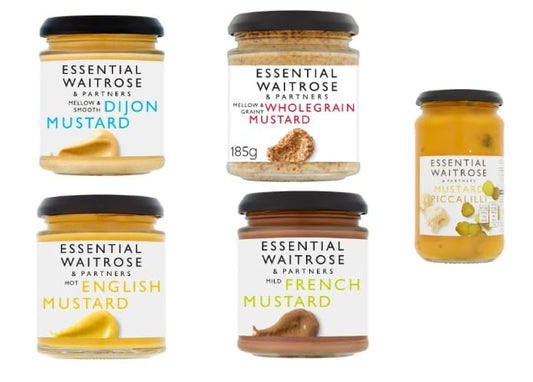 Essential Waitrose & Partners Mustard Variety, Dijon, Wholegrain, English, French, and Piccalilli