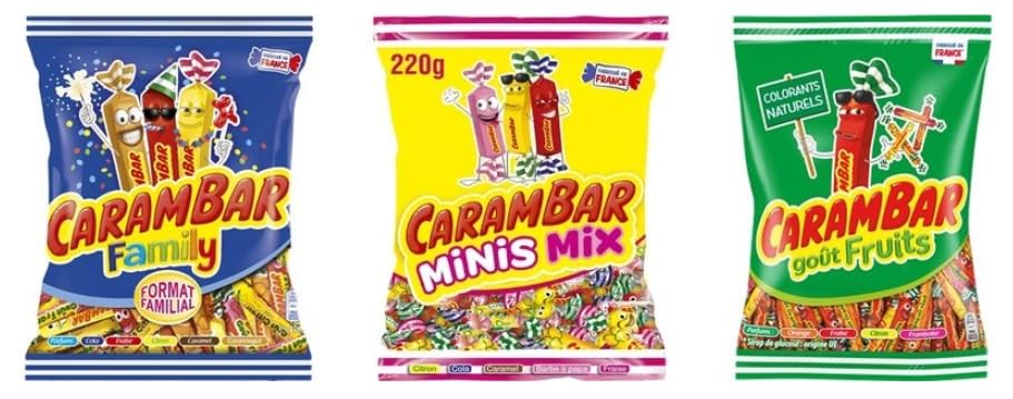 CaramBar Family, Minis Mix, and Goût Fruits French Candy Assortment, Natural Colours, Made in France
