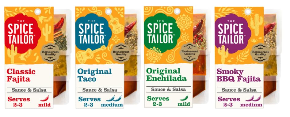 The Spice Tailor Sauce & Salsa Variety Pack, Restaurant Quality, Classic Fajita, Original Taco, Original Enchilada, Smoky BBQ Fajita, Serves 2-3 (Pack of 4)