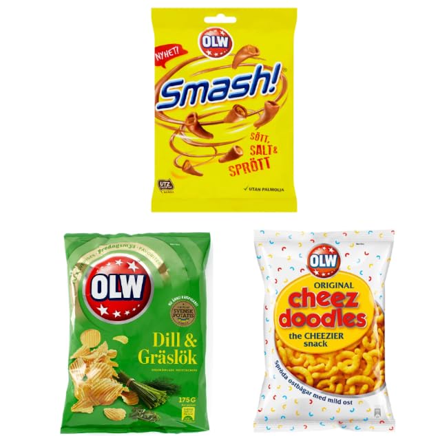 OLW Snack Variety Pack, Smash! Sweet Salt & Crunchy, Dill & Gräslök Chips, Original Cheez Doodles